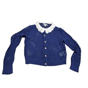 Crewcuts J.Crew Girls Blue Crochet Knit Cardigan Sweater White Collar M 8-9 2024